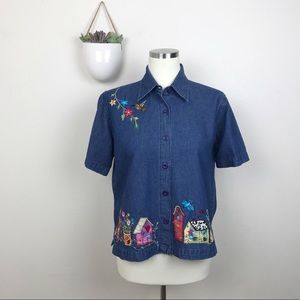 New Direction Jean Button Down Embroidered Blouse
